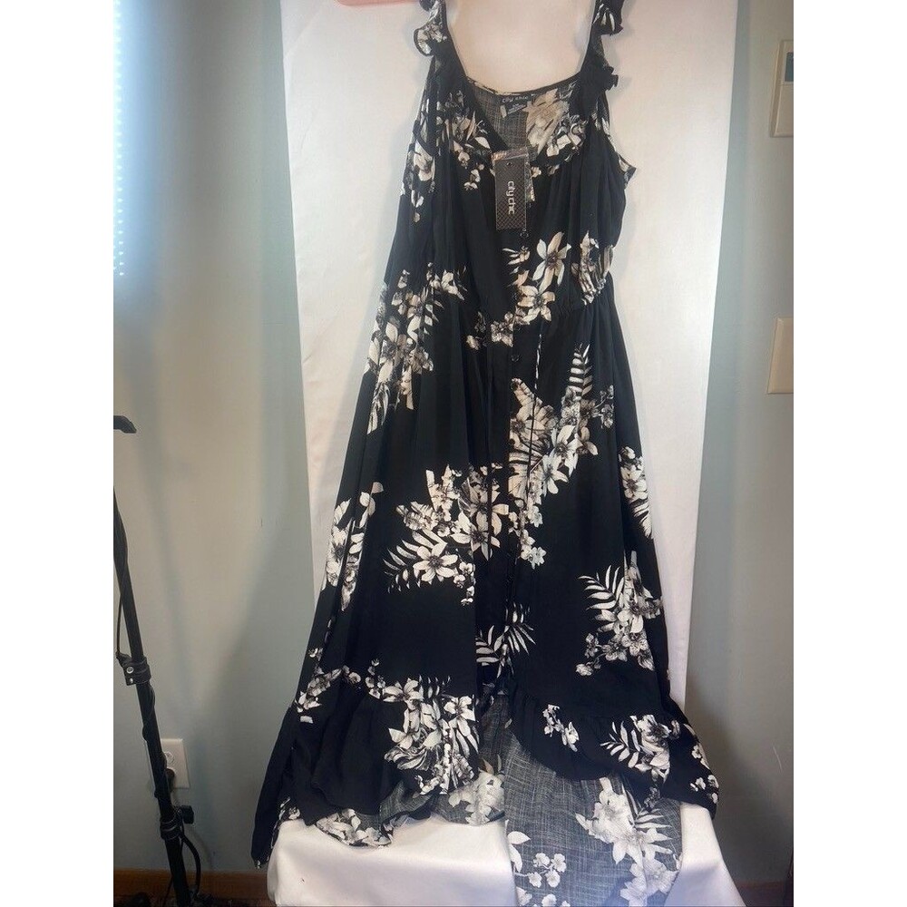 CITY CHIC SZ 16 BLACK WHITE FLORAL PRINT SLEEVELESS BUTTONS RUFFLE HEM DRESS NWT